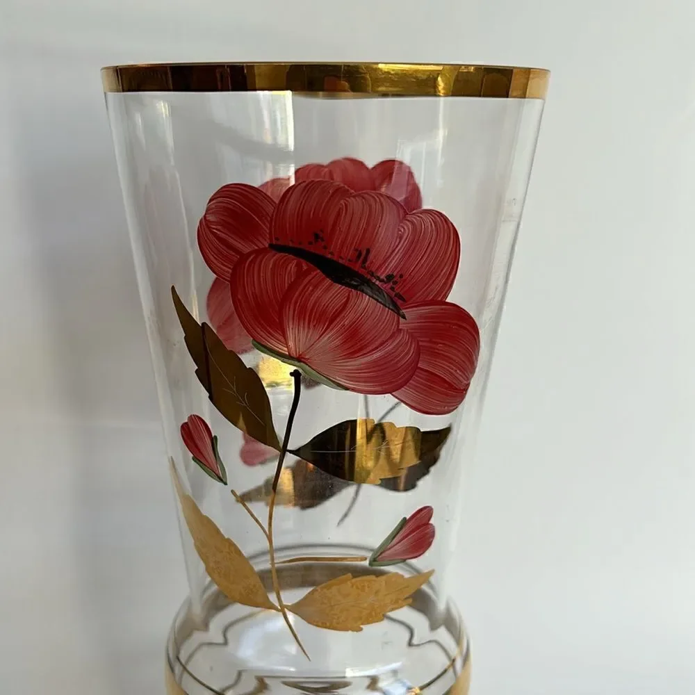 Large Vintage Clear Glass Vase Painted Flowers Gold Bands and Rim